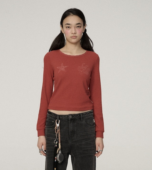 Achihara_Star_Print_Cropped_Round_Neck_Women'S_Polyester_Long_Sleeve_T-Shirts_MISSTT