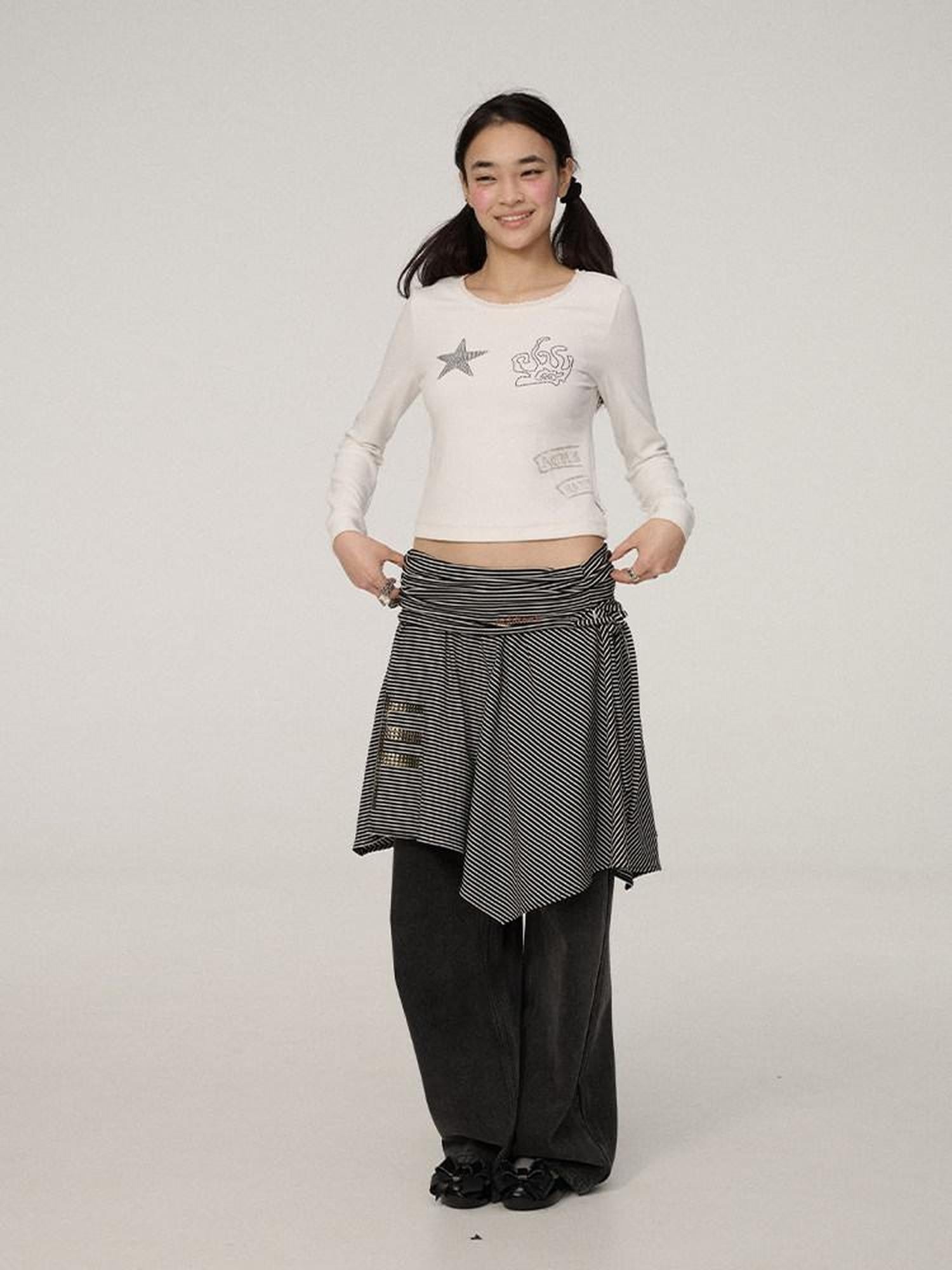 Achihara Star Print Cropped Round Neck Women'S Polyester Long Sleeve T-Shirts