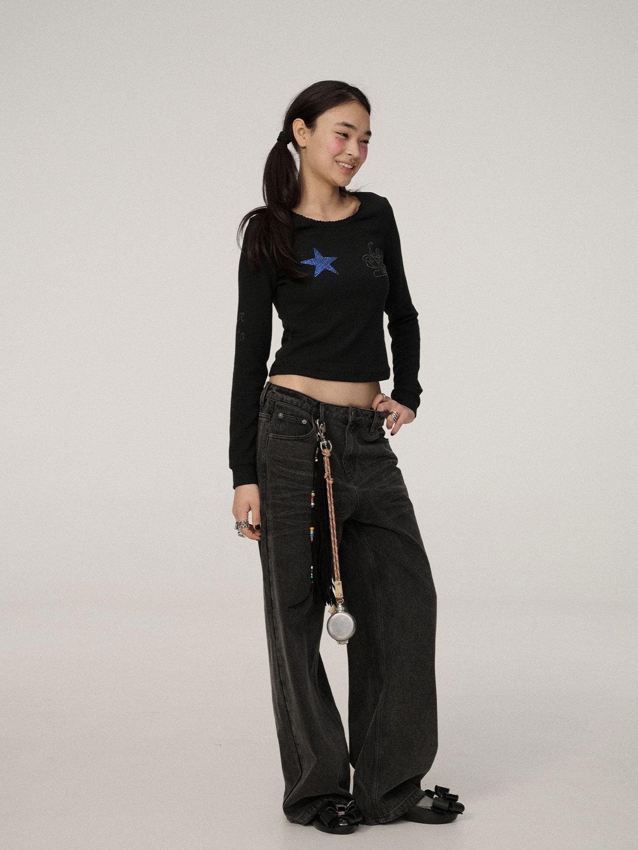 Achihara Star Print Cropped Round Neck Women'S Polyester Long Sleeve T-Shirts