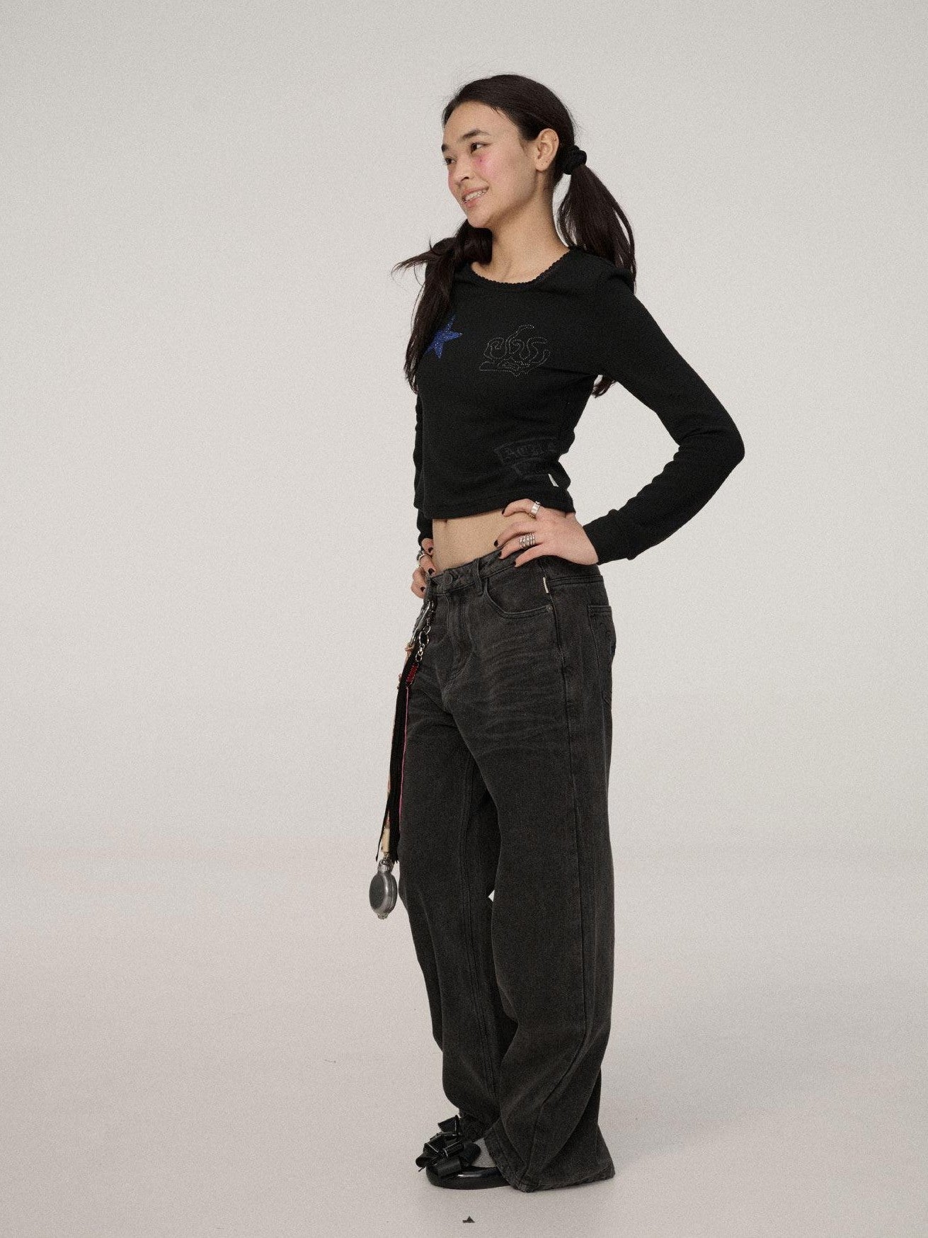 Achihara Star Print Cropped Round Neck Women'S Polyester Long Sleeve T-Shirts