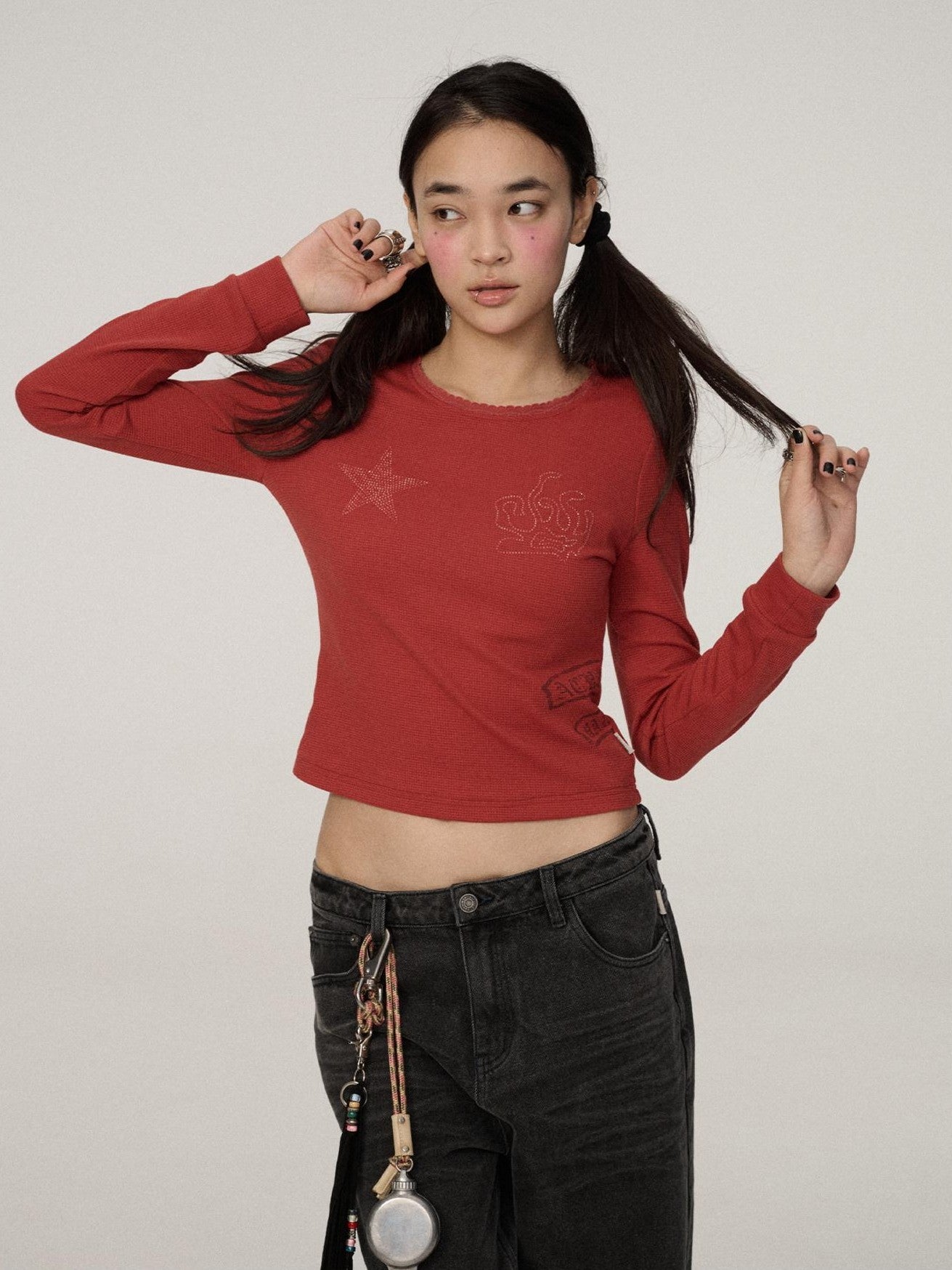 Achihara Star Print Cropped Round Neck Women'S Polyester Long Sleeve T-Shirts
