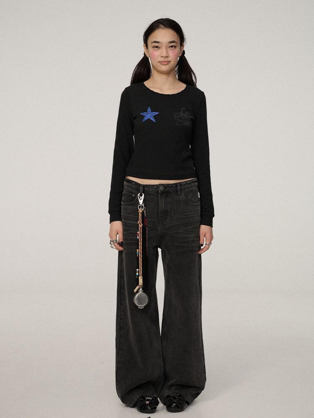 Achihara Star Print Cropped Round Neck Women'S Polyester Long Sleeve T-Shirts