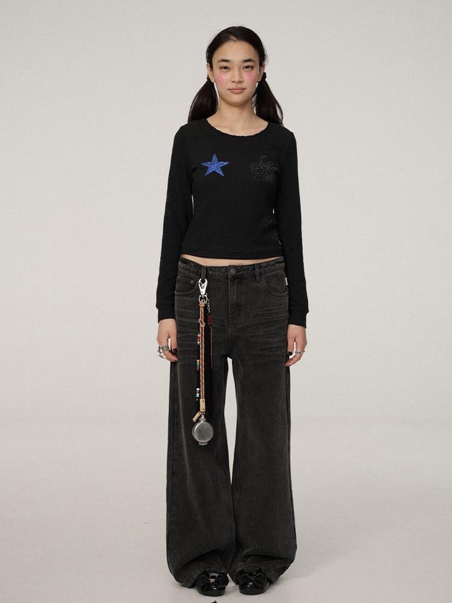 Achihara Star Print Cropped Round Neck Women'S Polyester Long Sleeve T-Shirts