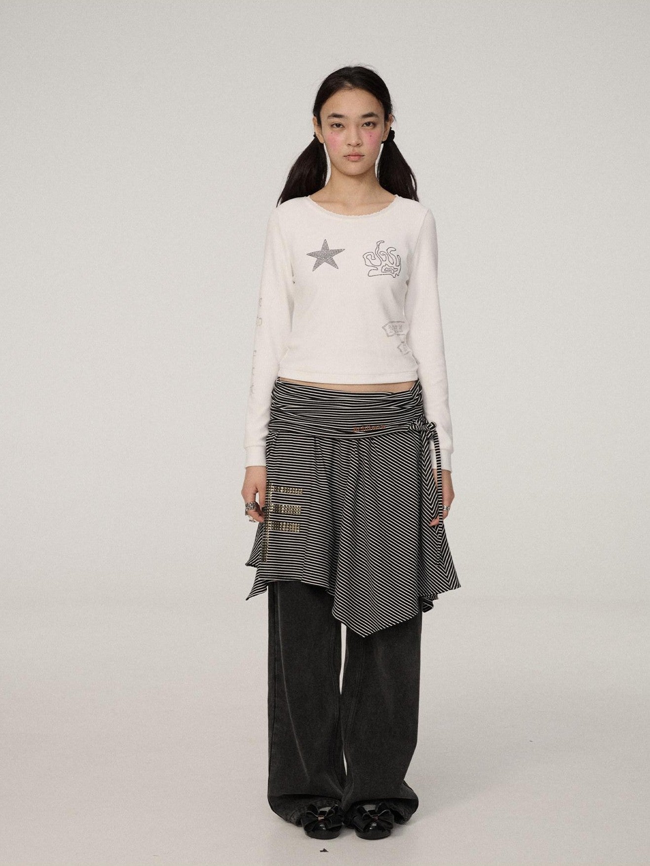 Achihara Star Print Cropped Round Neck Women'S Polyester Long Sleeve T-Shirts
