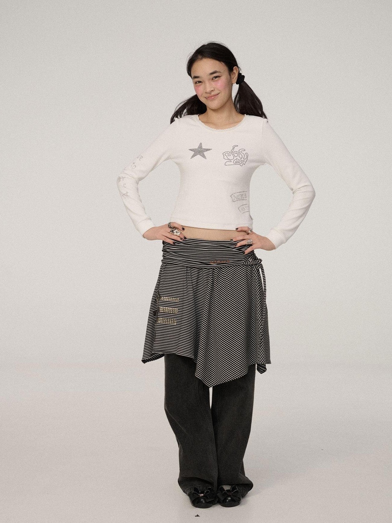 Achihara Star Print Cropped Round Neck Women'S Polyester Long Sleeve T-Shirts