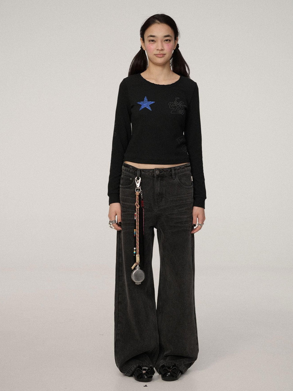 Achihara Star Print Cropped Round Neck Women'S Polyester Long Sleeve T-Shirts