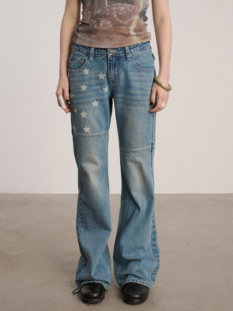 Achihara_Star_Print_Distressed_Washed_Micro_Flare_Women'S_Denim_Flare_Jeans_MISSTT