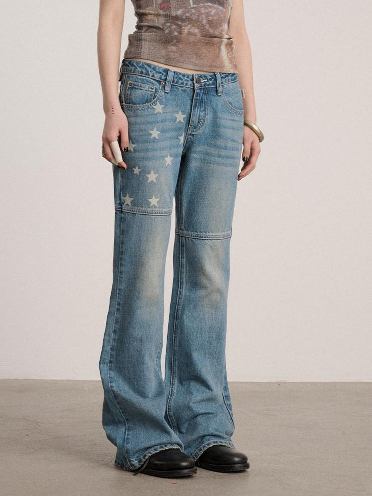 Achihara Star Print Distressed Washed Micro Flare Women'S Denim Flare Jeans