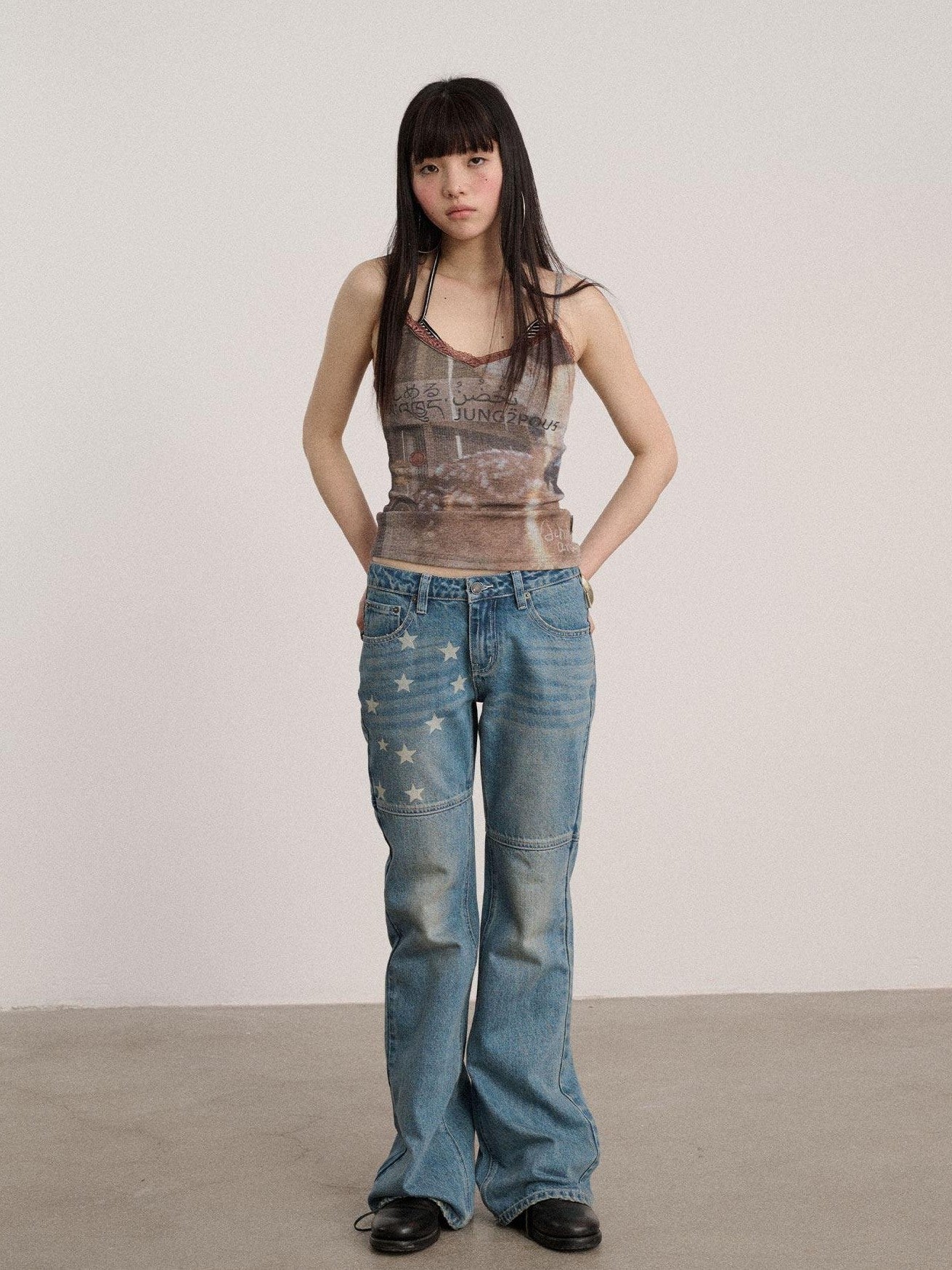 Achihara Star Print Distressed Washed Micro Flare Women'S Denim Flare Jeans