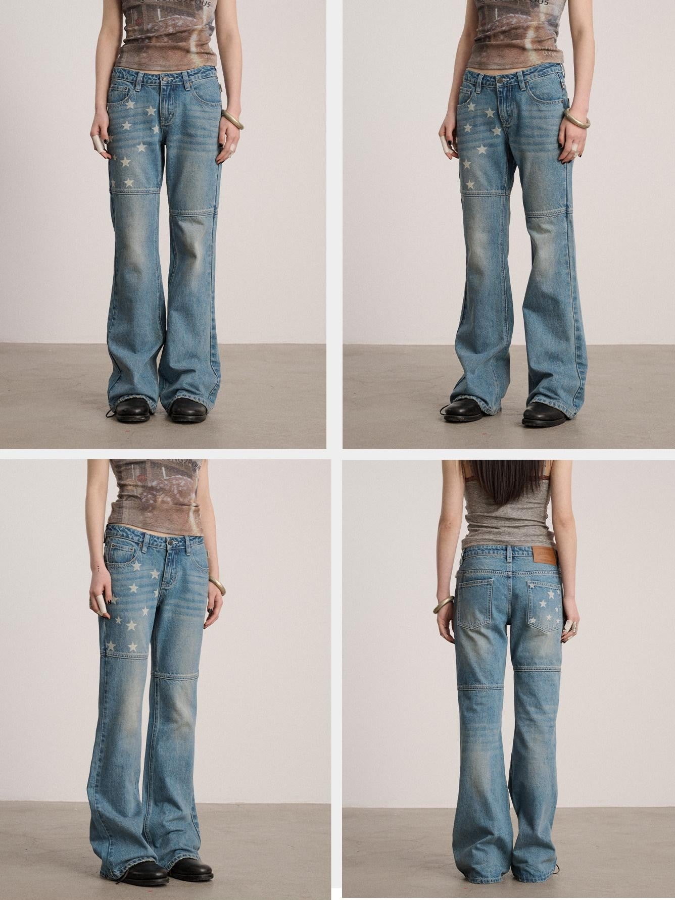 Achihara Star Print Distressed Washed Micro Flare Women'S Denim Flare Jeans