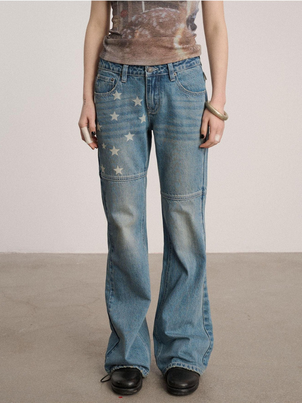 Achihara Star Print Distressed Washed Micro Flare Women'S Denim Flare Jeans