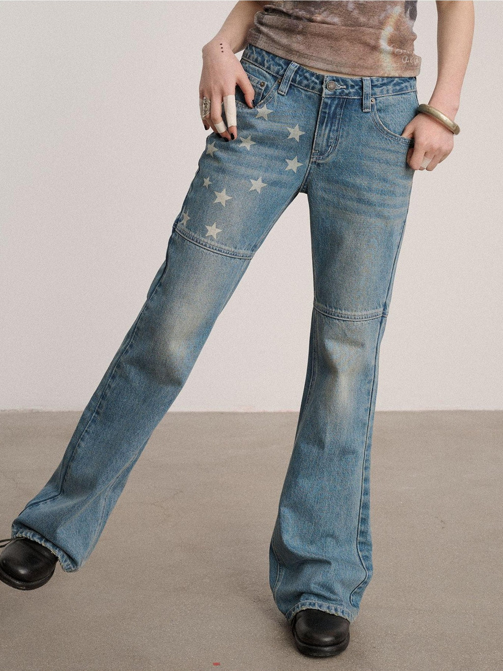 Achihara Star Print Distressed Washed Micro Flare Women'S Denim Flare Jeans