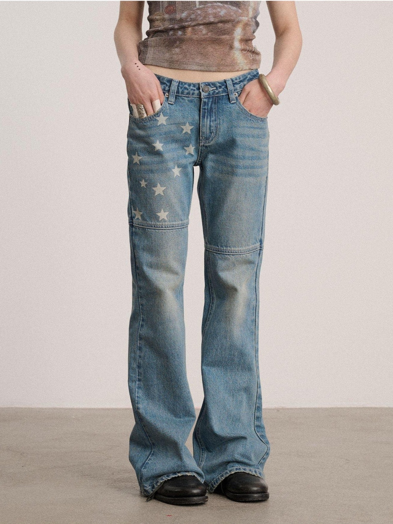 Achihara Star Print Distressed Washed Micro Flare Women'S Denim Flare Jeans
