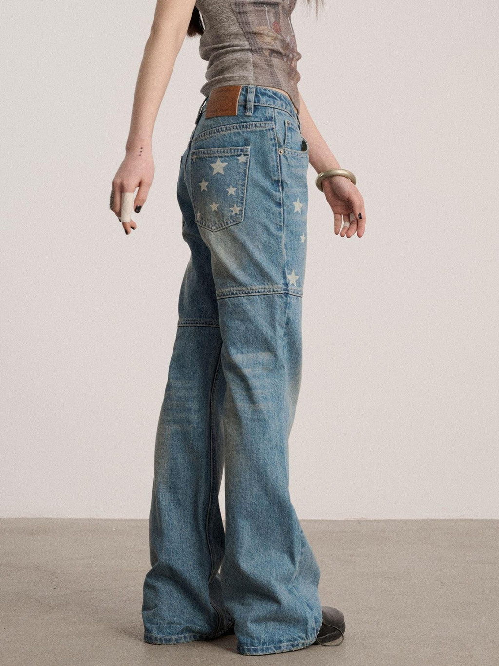 Achihara Star Print Distressed Washed Micro Flare Women'S Denim Flare Jeans