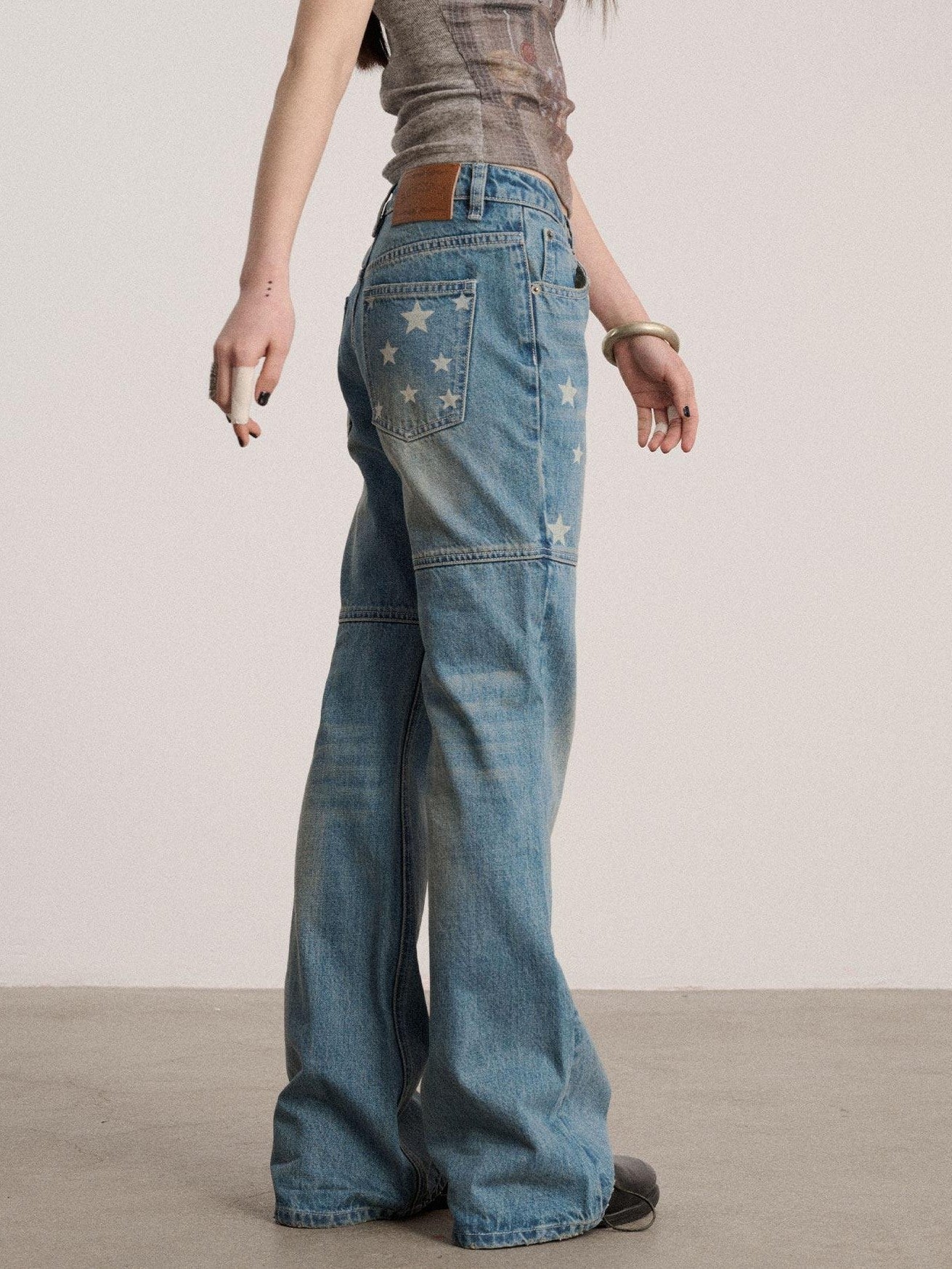 Achihara Star Print Distressed Washed Micro Flare Women'S Denim Flare Jeans