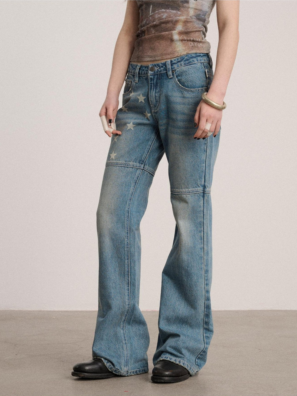 Achihara Star Print Distressed Washed Micro Flare Women'S Denim Flare Jeans