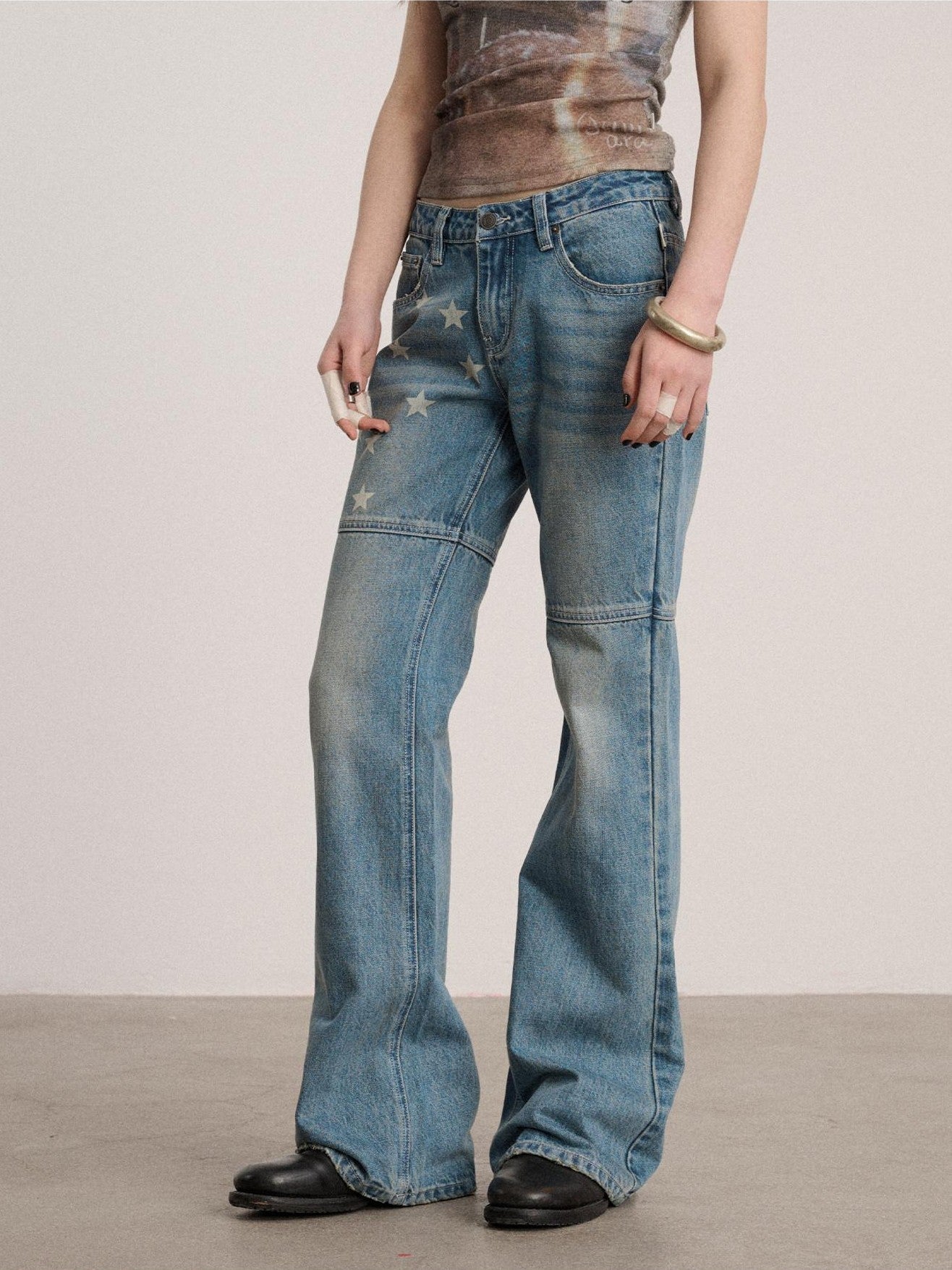 Achihara Star Print Distressed Washed Micro Flare Women'S Denim Flare Jeans