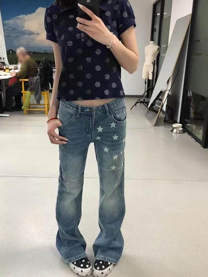 Achihara Star Print Distressed Washed Micro Flare Women'S Denim Flare Jeans