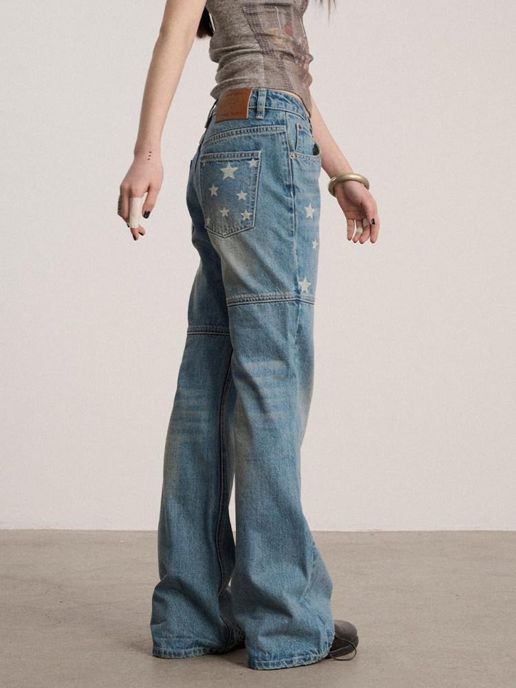 Achihara Star Print Distressed Washed Micro Flare Women'S Denim Flare Jeans