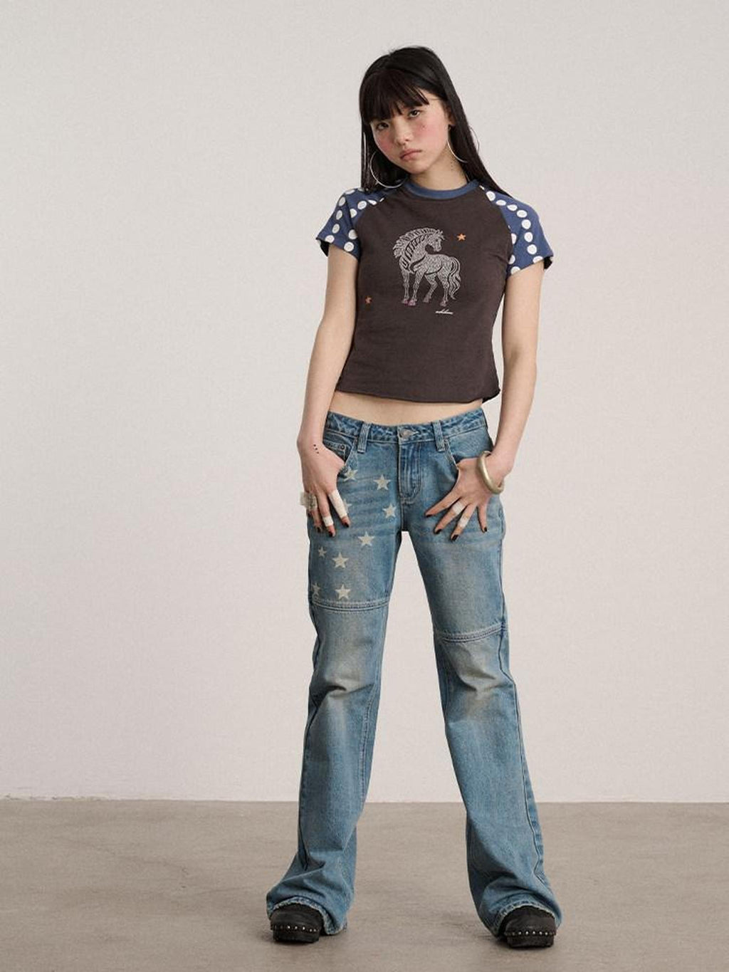 Achihara Star Print Distressed Washed Micro Flare Women'S Denim Flare Jeans