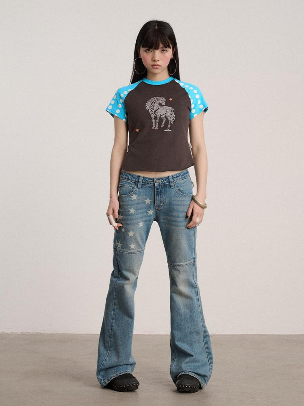 Achihara Star Print Distressed Washed Micro Flare Women'S Denim Flare Jeans