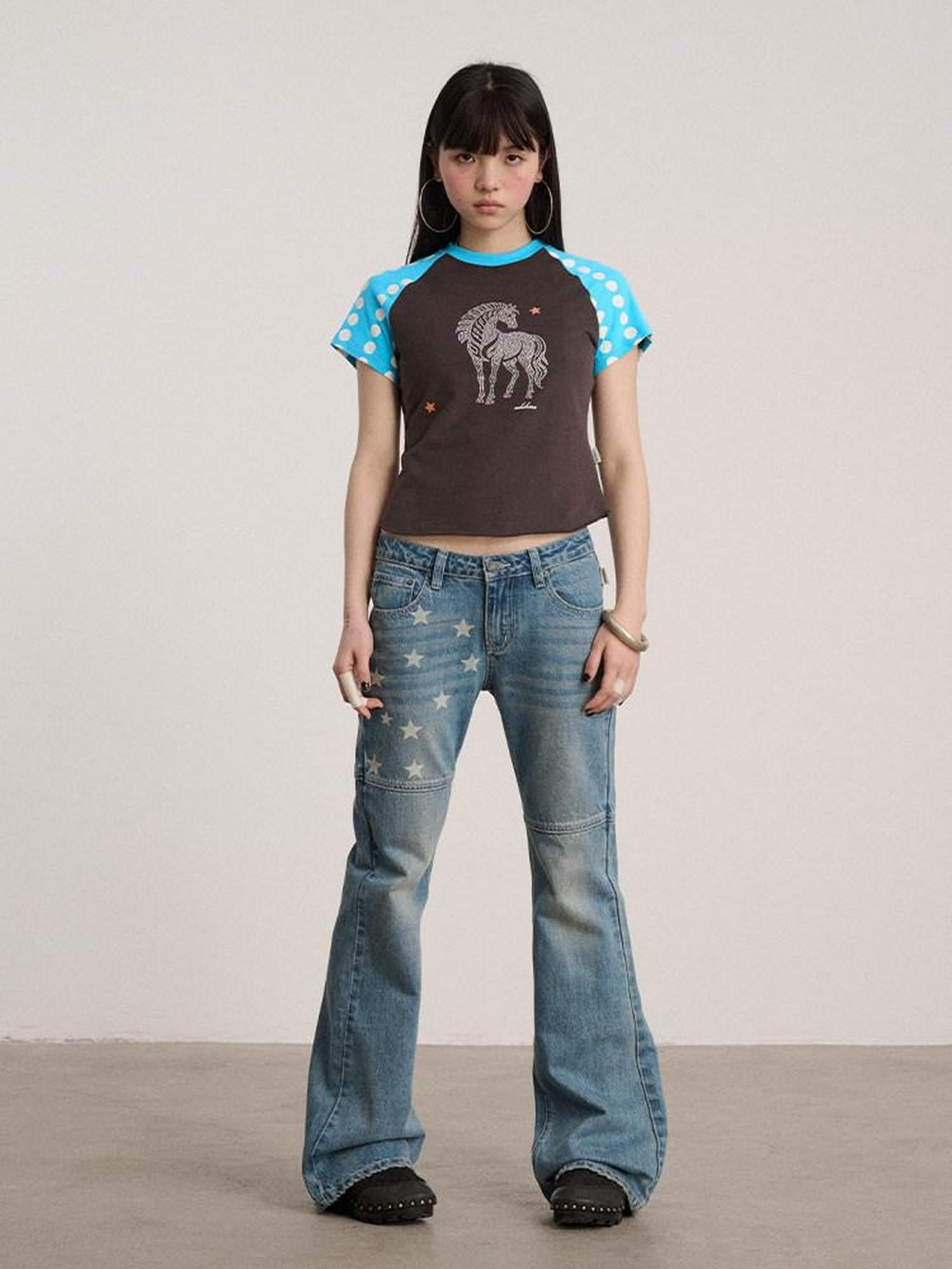 Achihara Star Print Distressed Washed Micro Flare Women'S Denim Flare Jeans