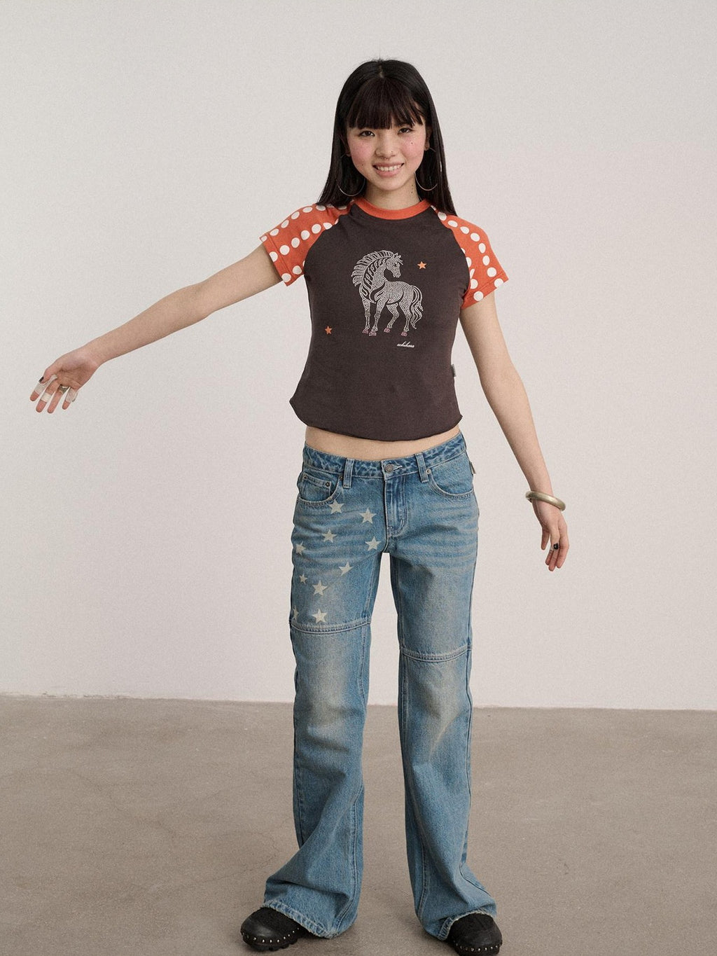 Achihara Star Print Distressed Washed Micro Flare Women'S Denim Flare Jeans