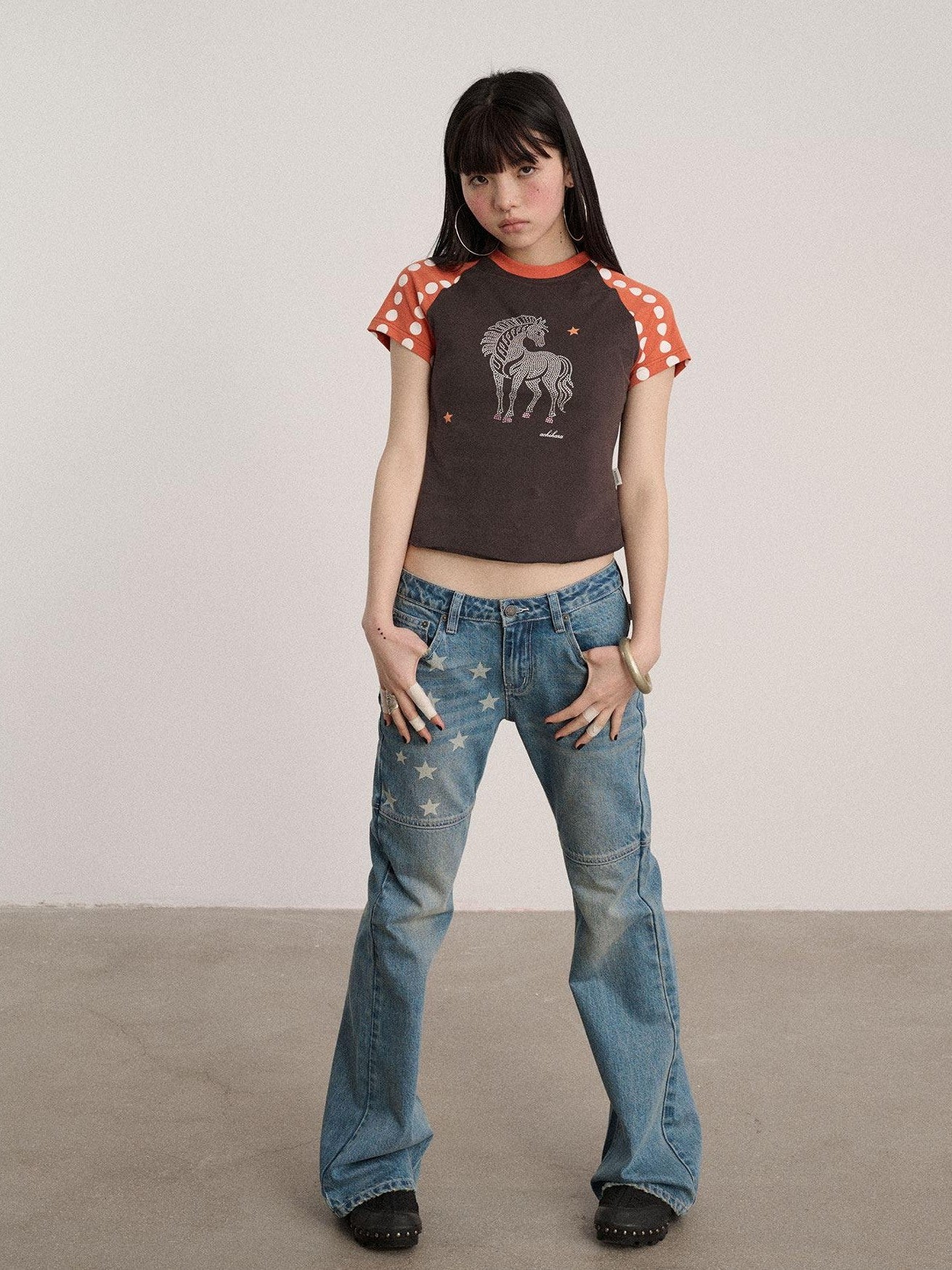 Achihara Star Print Distressed Washed Micro Flare Women'S Denim Flare Jeans