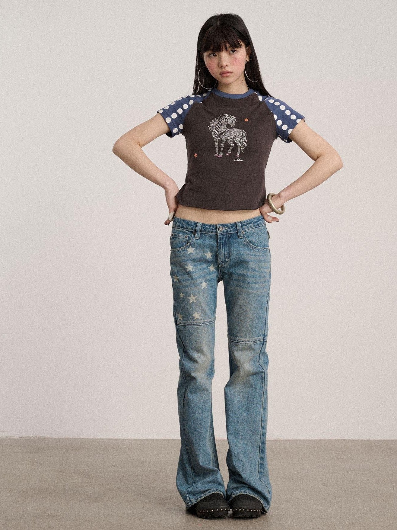 Achihara Star Print Distressed Washed Micro Flare Women'S Denim Flare Jeans