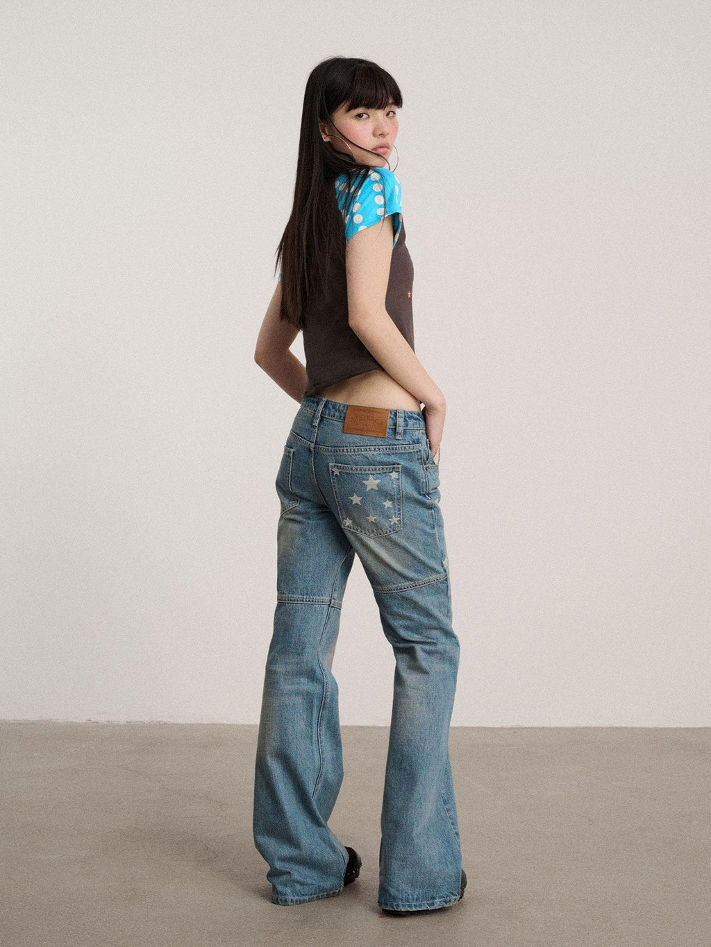 Achihara Star Print Distressed Washed Micro Flare Women'S Denim Flare Jeans
