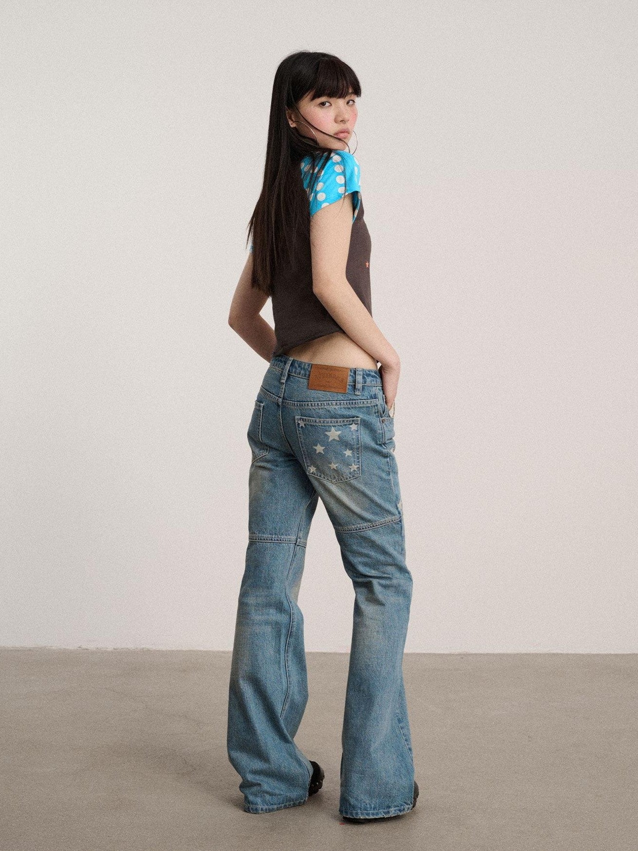 Achihara Star Print Distressed Washed Micro Flare Women'S Denim Flare Jeans