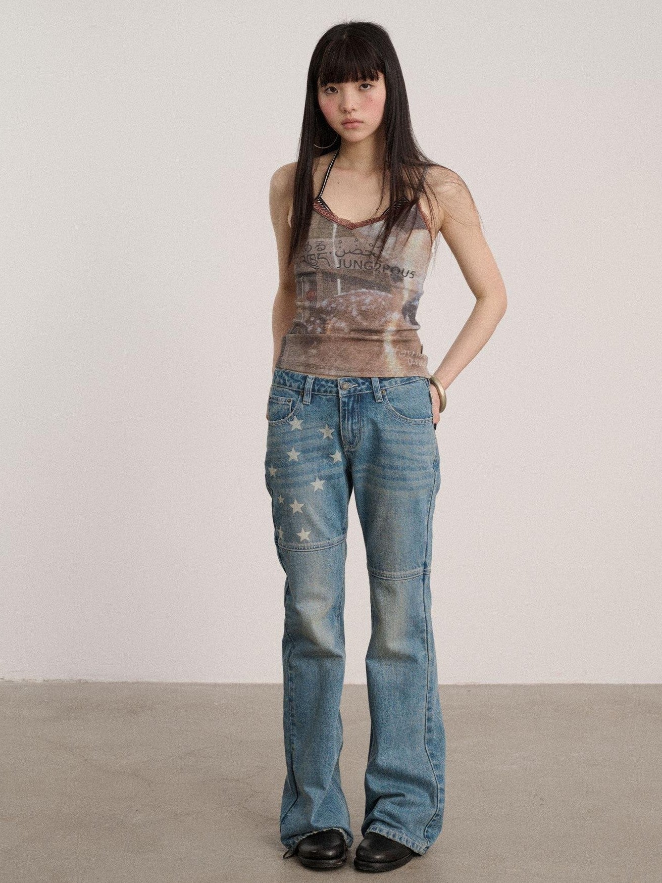 Achihara Star Print Distressed Washed Micro Flare Women'S Denim Flare Jeans
