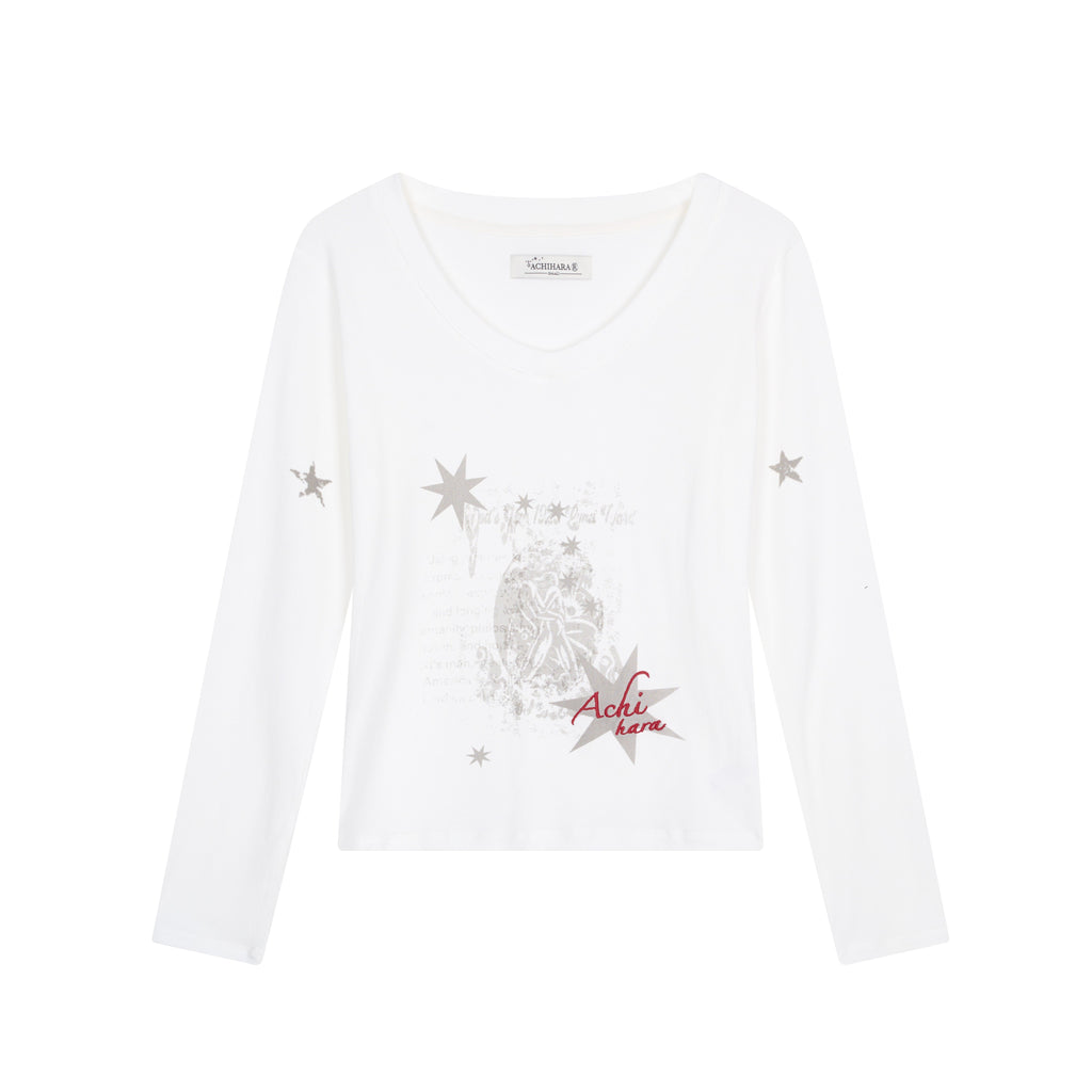 Achihara_Star_Print_Moisture_Wicking_V-neck_Women'S_Viscose_Blend_Long_Sleeve_T-Shirts_MISSTT