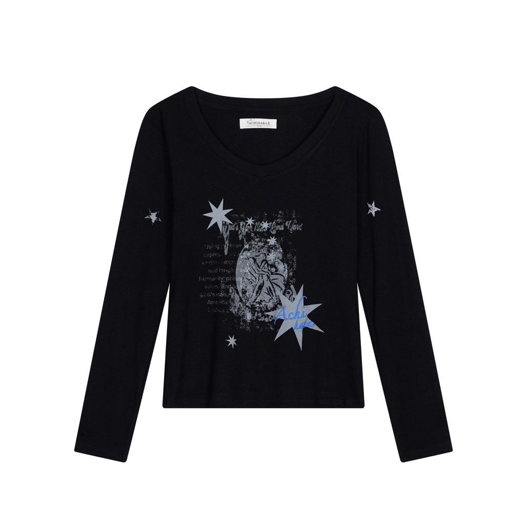 Achihara_Star_Print_Moisture_Wicking_V-neck_Women'S_Viscose_Blend_Long_Sleeve_T-Shirts_MISSTT