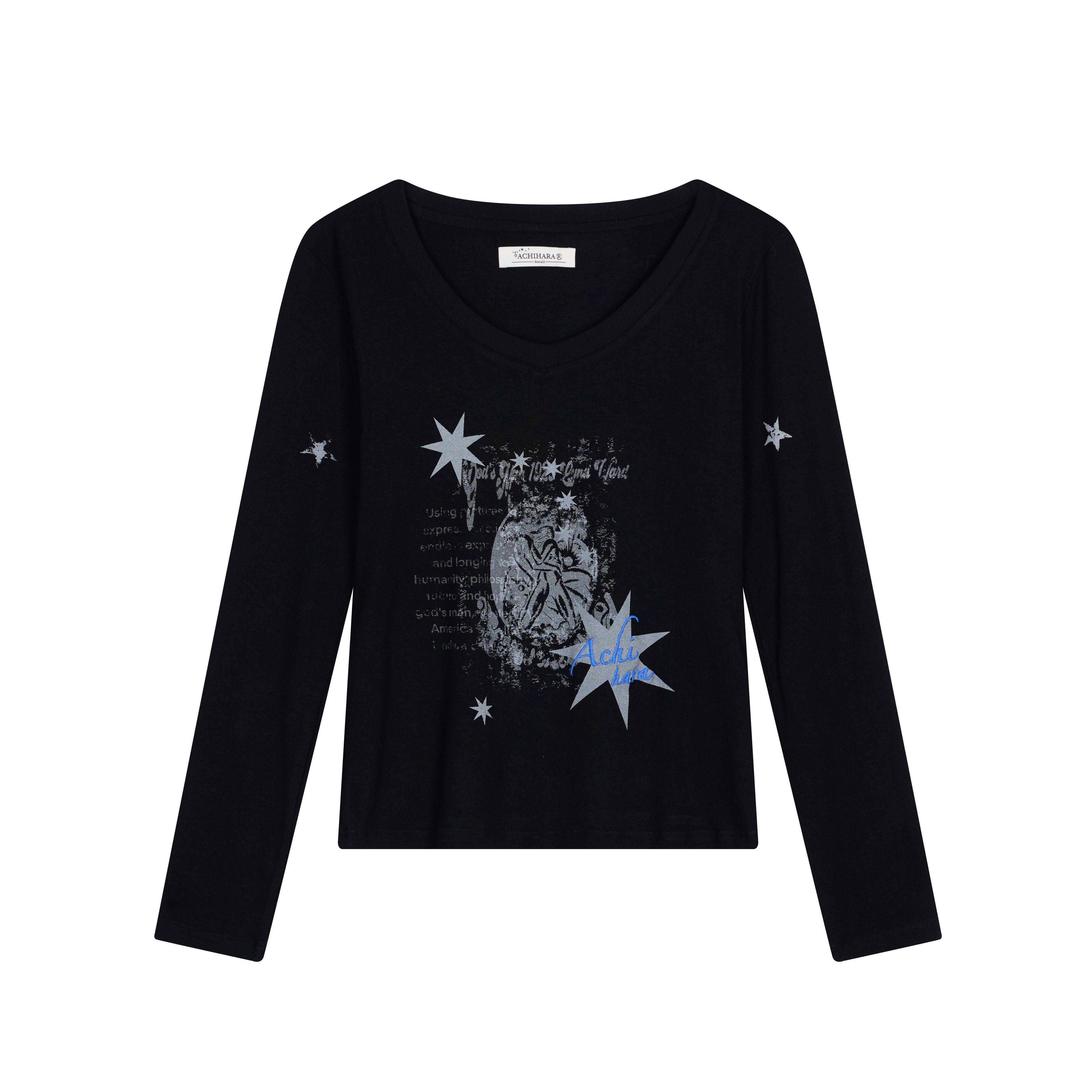 Achihara_Star_Print_Moisture_Wicking_V-neck_Women'S_Viscose_Blend_Long_Sleeve_T-Shirts_MISSTT