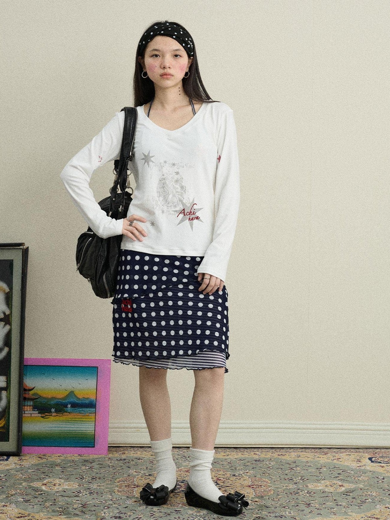 Achihara Star Print Moisture Wicking V-neck Women'S Viscose Blend Long Sleeve T-Shirts