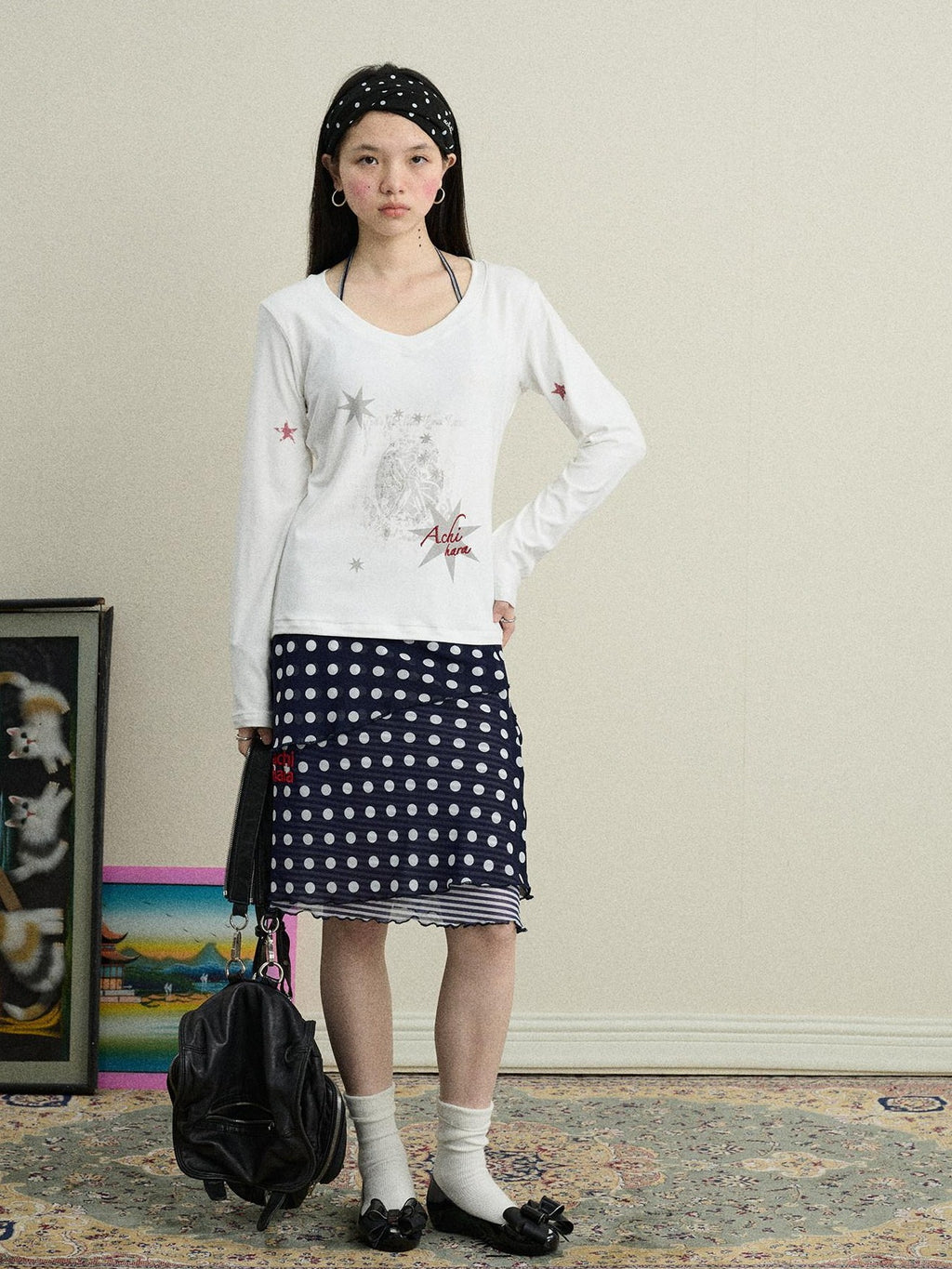Achihara Star Print Moisture Wicking V-neck Women'S Viscose Blend Long Sleeve T-Shirts