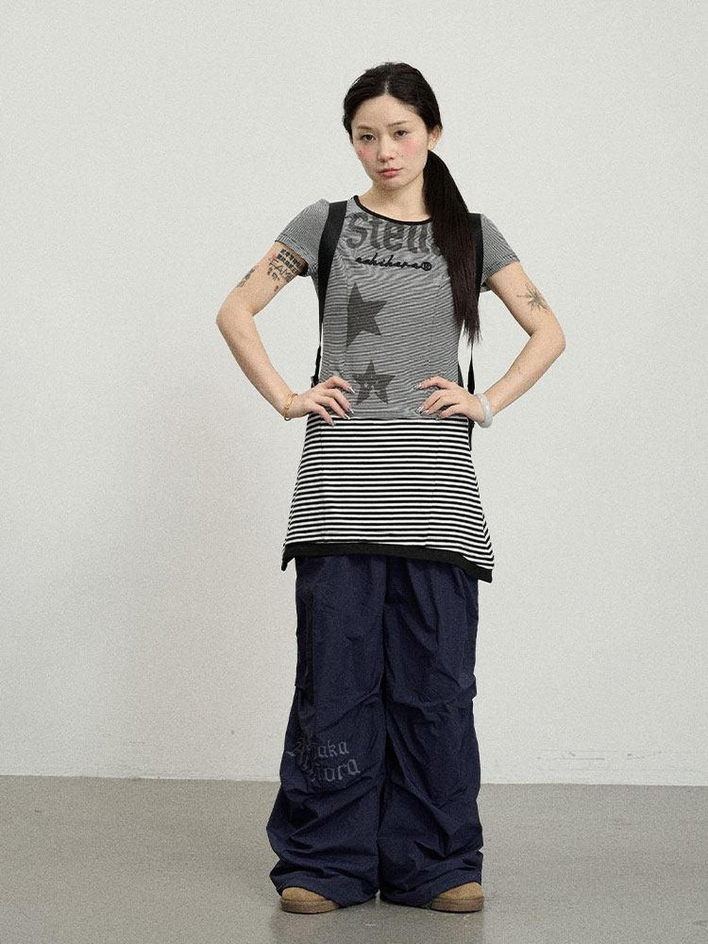 Achihara Star Striped Splice Short Sleeve T Shirt Women'S Cotton Casual Mini Dresses