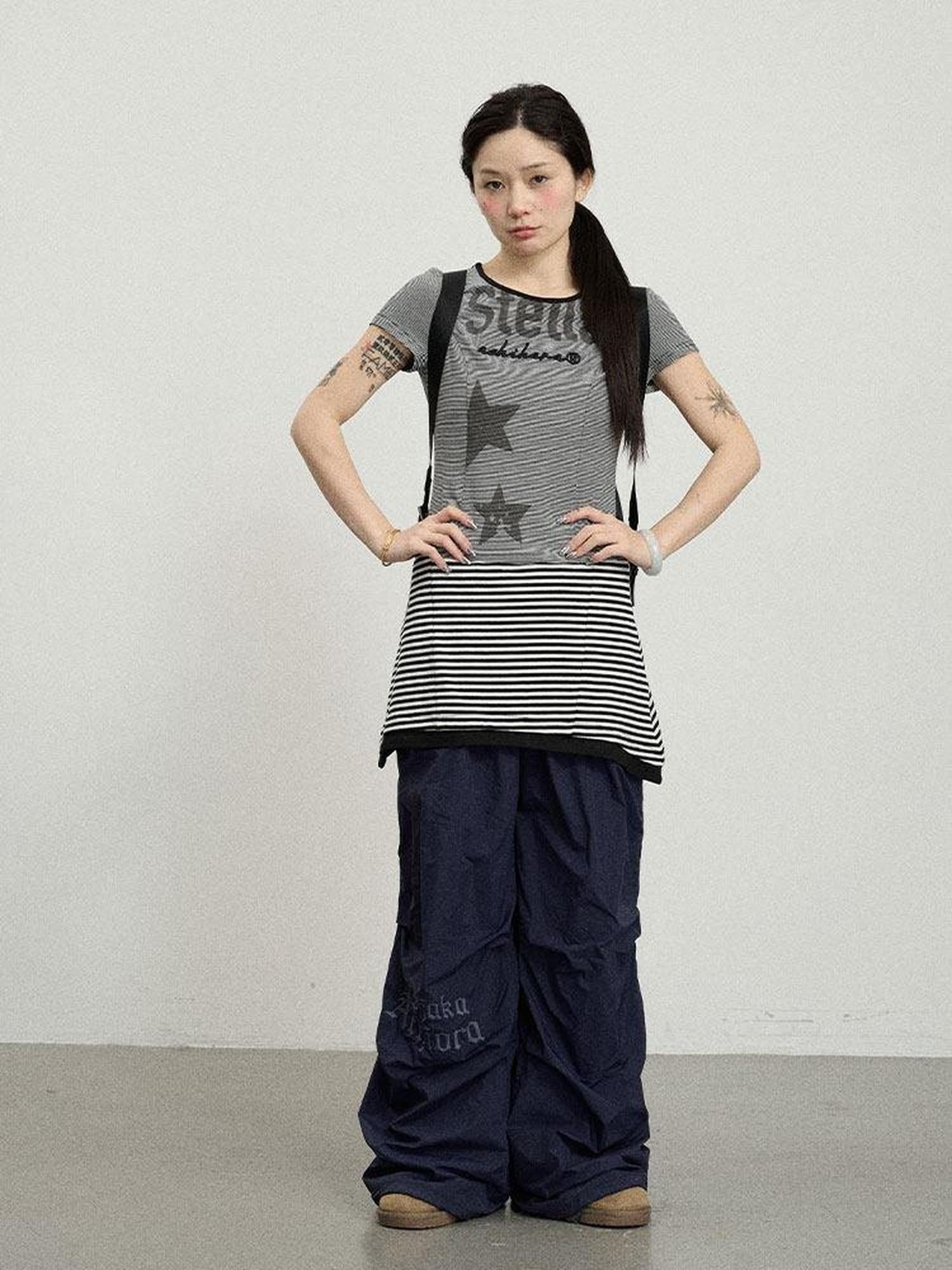 Achihara Star Striped Splice Short Sleeve T Shirt Women'S Cotton Casual Mini Dresses