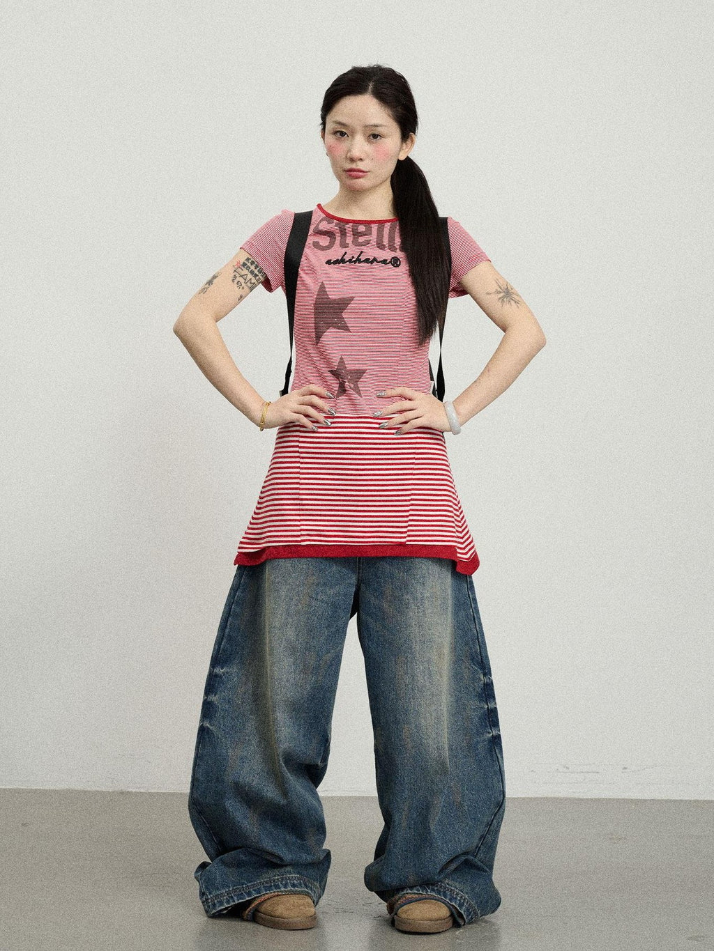 Achihara Star Striped Splice Short Sleeve T Shirt Women'S Cotton Casual Mini Dresses