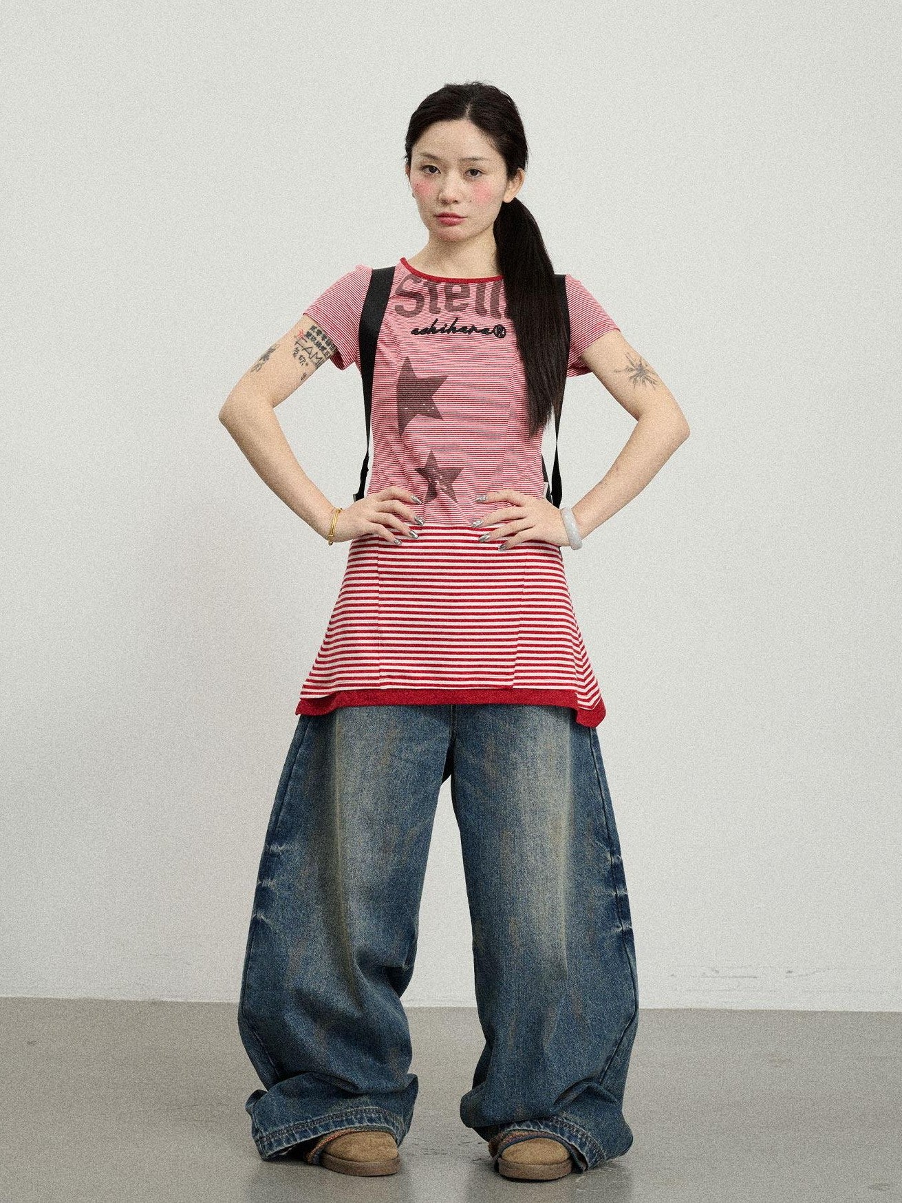 Achihara Star Striped Splice Short Sleeve T Shirt Women'S Cotton Casual Mini Dresses