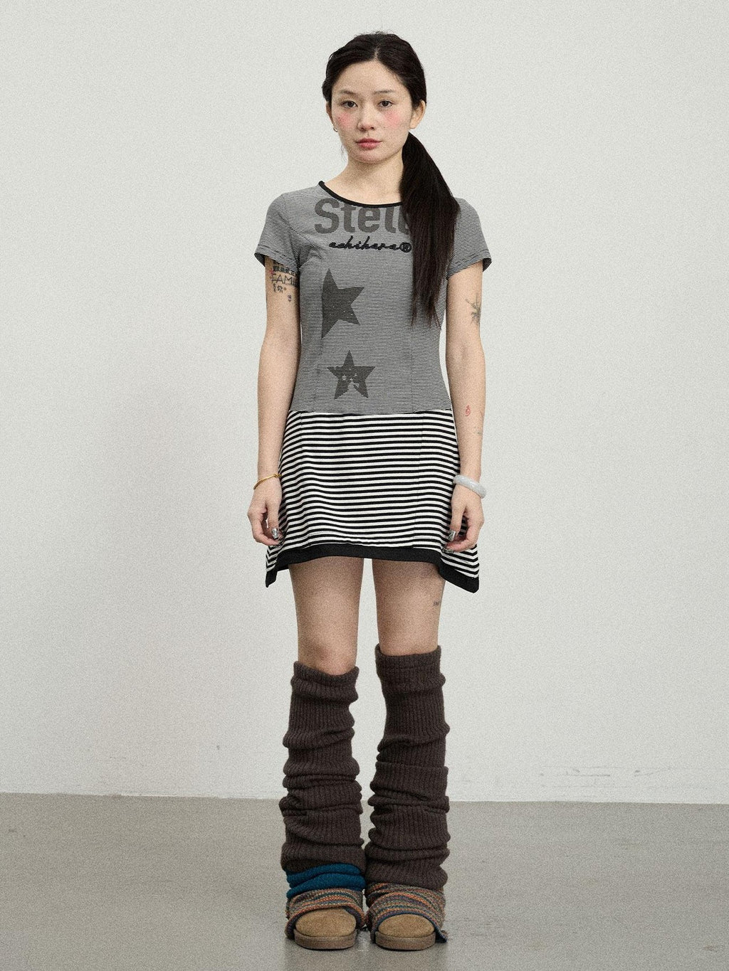 Achihara Star Striped Splice Short Sleeve T Shirt Women'S Cotton Casual Mini Dresses