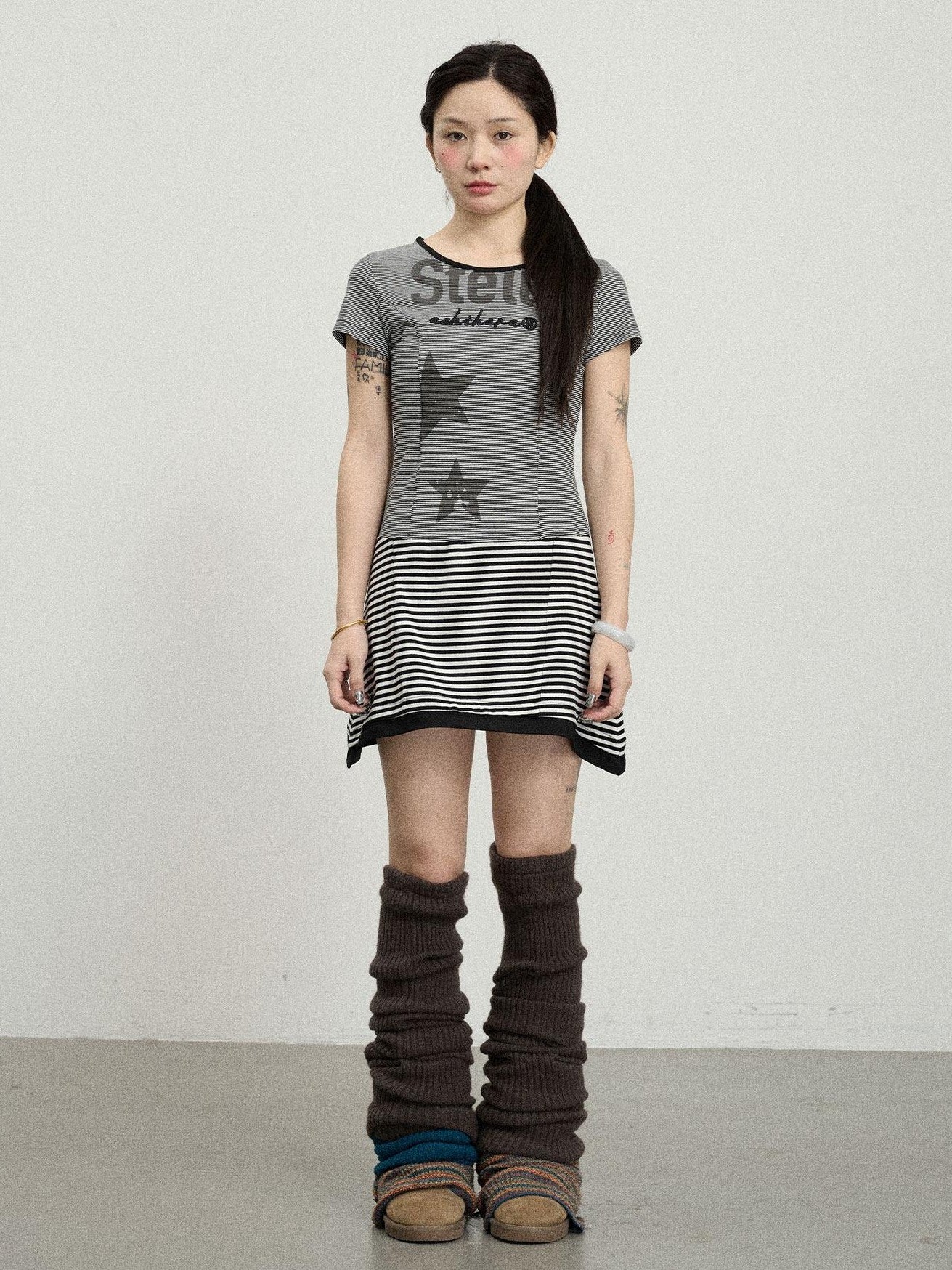 Achihara Star Striped Splice Short Sleeve T Shirt Women'S Cotton Casual Mini Dresses