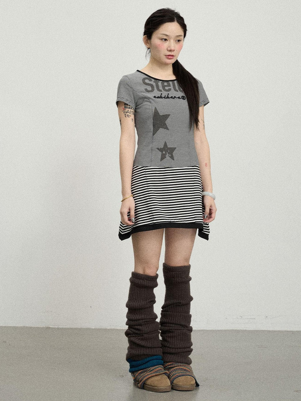 Achihara Star Striped Splice Short Sleeve T Shirt Women'S Cotton Casual Mini Dresses