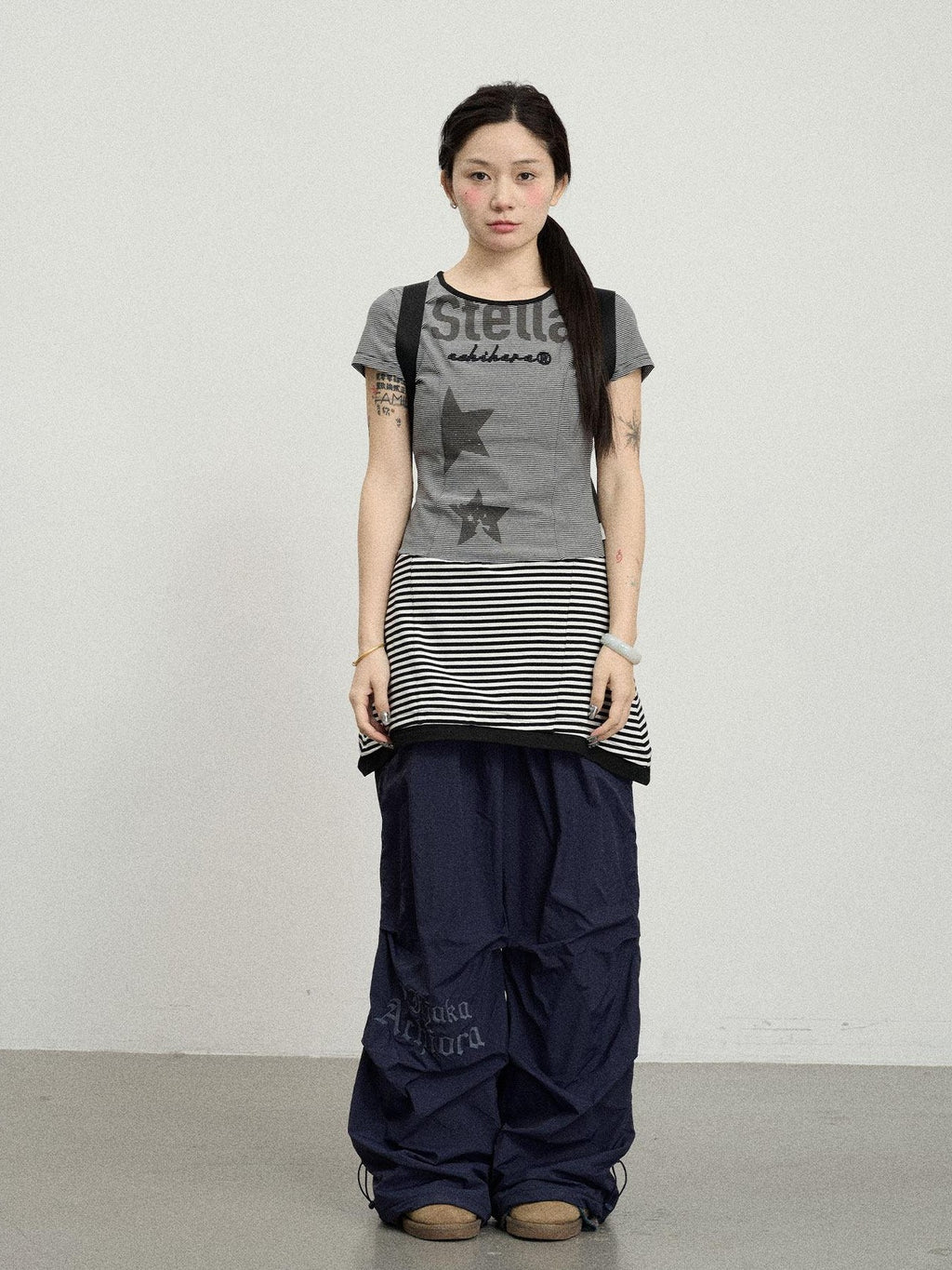 Achihara Star Striped Splice Short Sleeve T Shirt Women'S Cotton Casual Mini Dresses