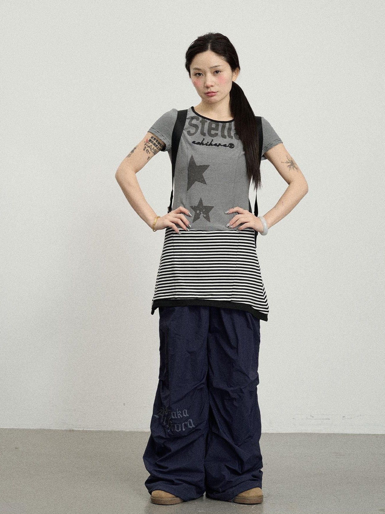 Achihara Star Striped Splice Short Sleeve T Shirt Women'S Cotton Casual Mini Dresses