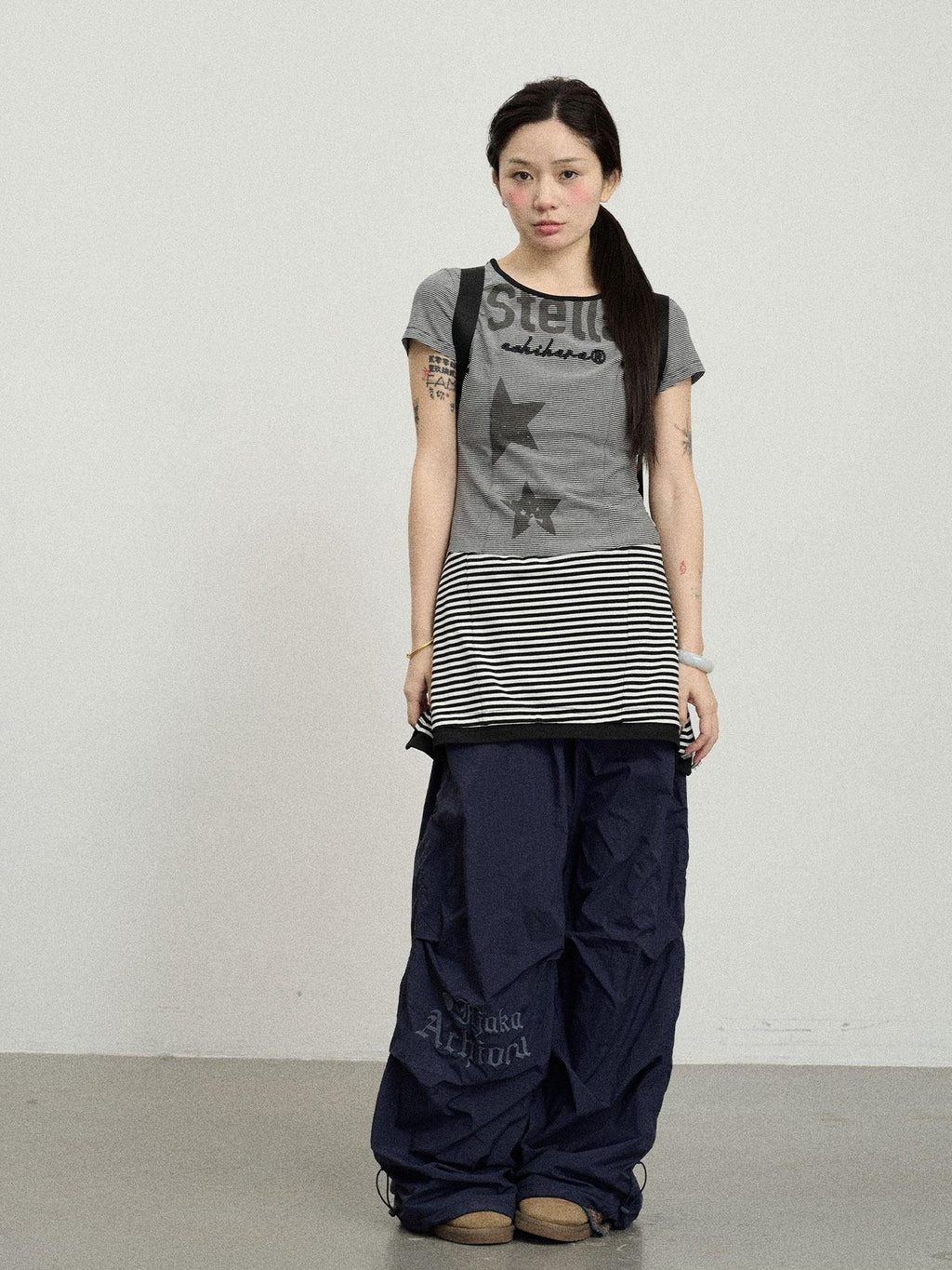 Achihara Star Striped Splice Short Sleeve T Shirt Women'S Cotton Casual Mini Dresses