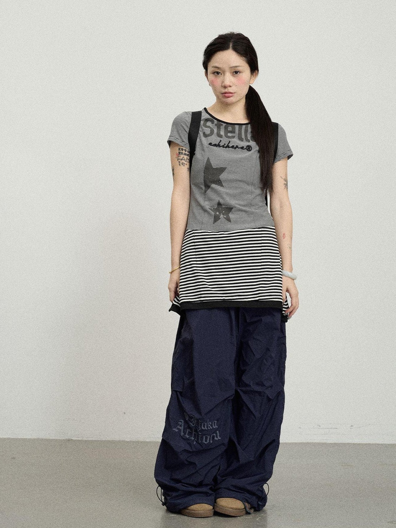 Achihara Star Striped Splice Short Sleeve T Shirt Women'S Cotton Casual Mini Dresses