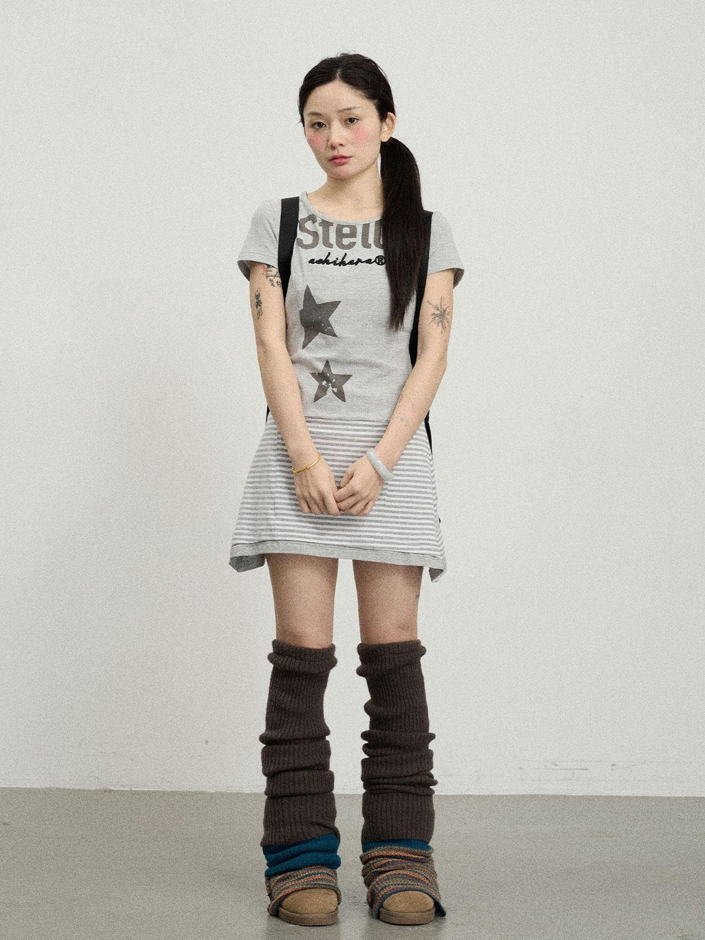 Achihara Star Striped Splice Short Sleeve T Shirt Women'S Cotton Casual Mini Dresses