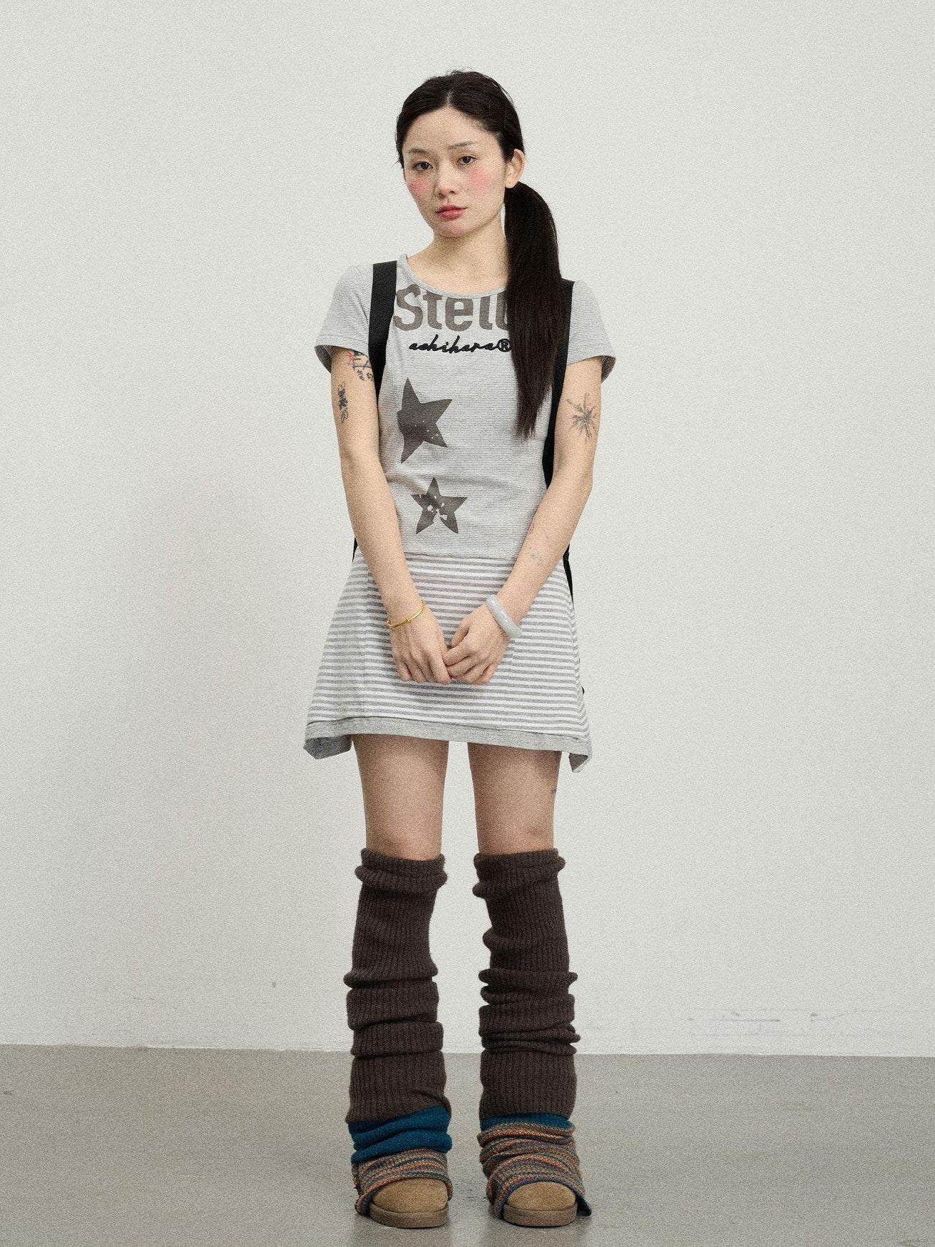 Achihara Star Striped Splice Short Sleeve T Shirt Women'S Cotton Casual Mini Dresses